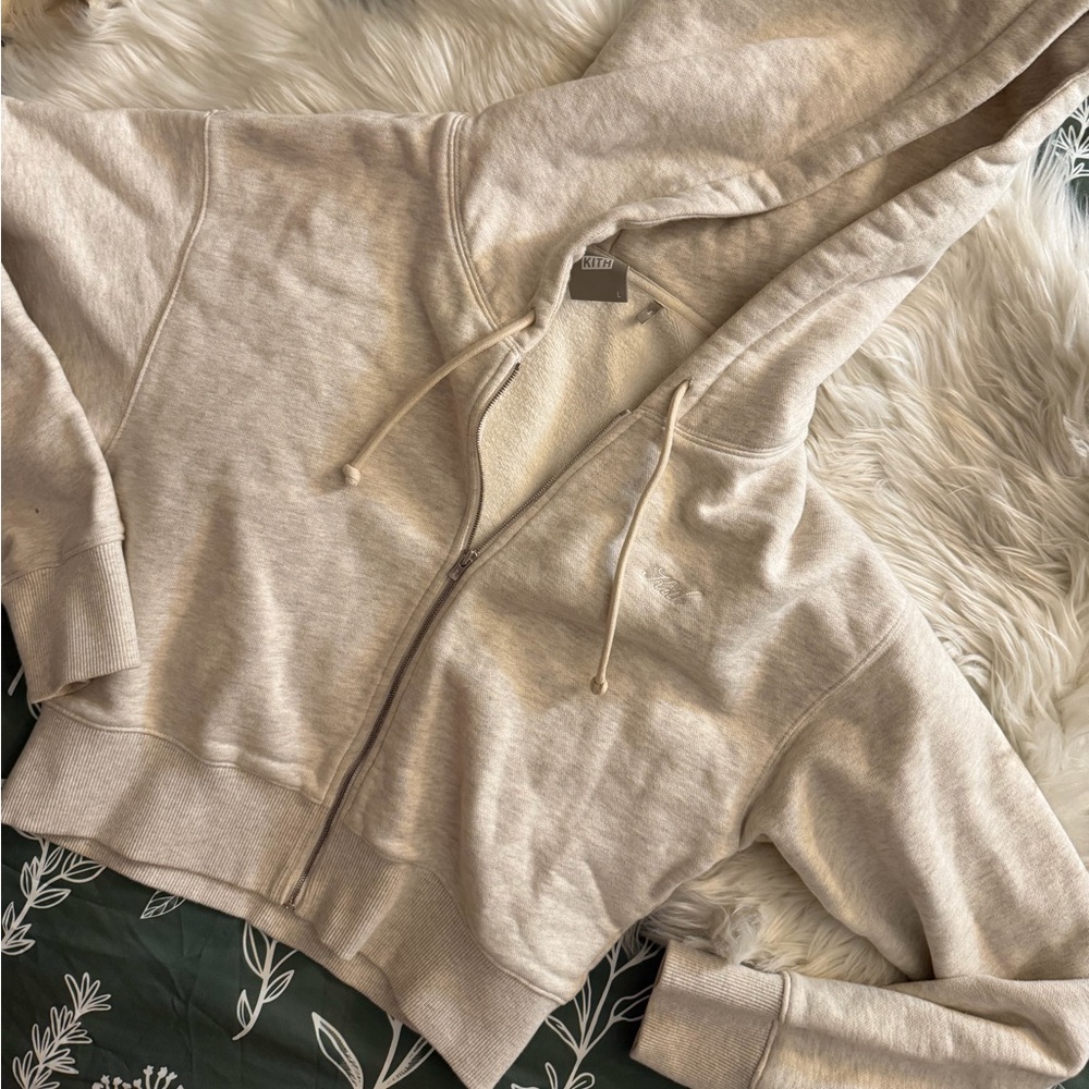 KITH WOMENS LARGE CROPPED ZIP UP HOODIE NEUTRAL COLORS GREAT CONDITION